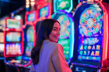 A woman smiling by bright slot machines showing lucky symbols, showcasing the exciting slot offerings at BDKK.
